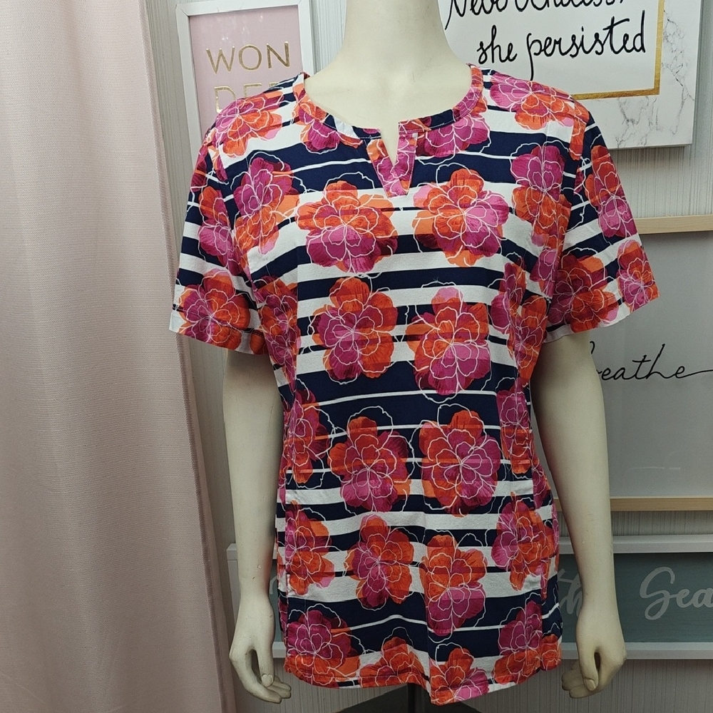 Landau Women's Scrub Top with Pink and Orange Floral Pattern
